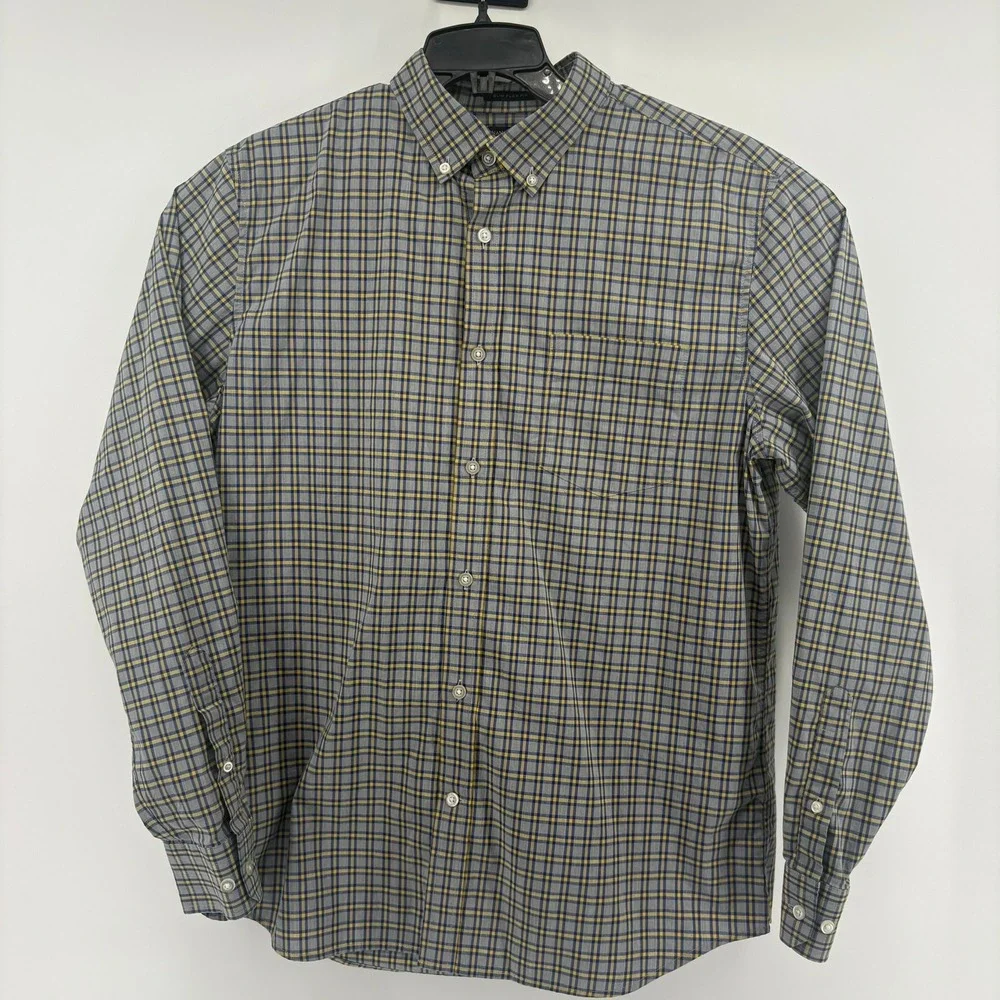 Banana Republic Mens Slim Flex Fit Tech Stretch Plaid Shirt Grey Blue Yellow L